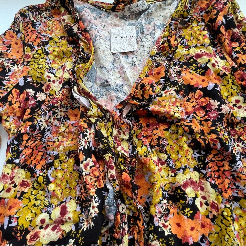 Intimately Free People orange & black long sleeve floral bodysuit w/ black lace - Picture 6 of 11
